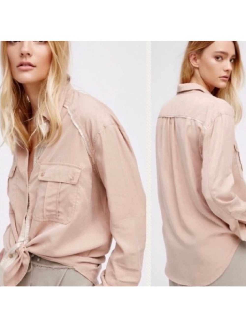 New Free People Off Campus Button Down Shirt Blush Pink Silver Trim